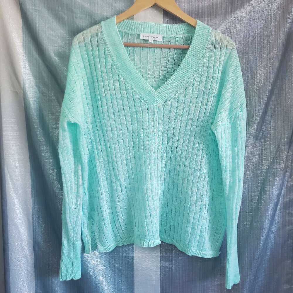 White + Warren Womens Mint Green 100% Linen Ribbed V-Neck Pullover Sweater M